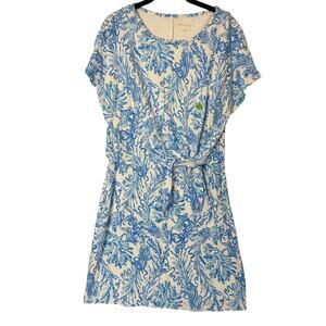 Lilly Pulitzer Inka Dress Womens Large Blue White Tropical Coastal Resort Flaw